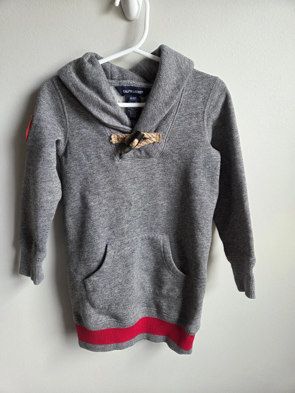 Ralph Lauren Gray Hooded Knit Sweater Dress with Red Trim